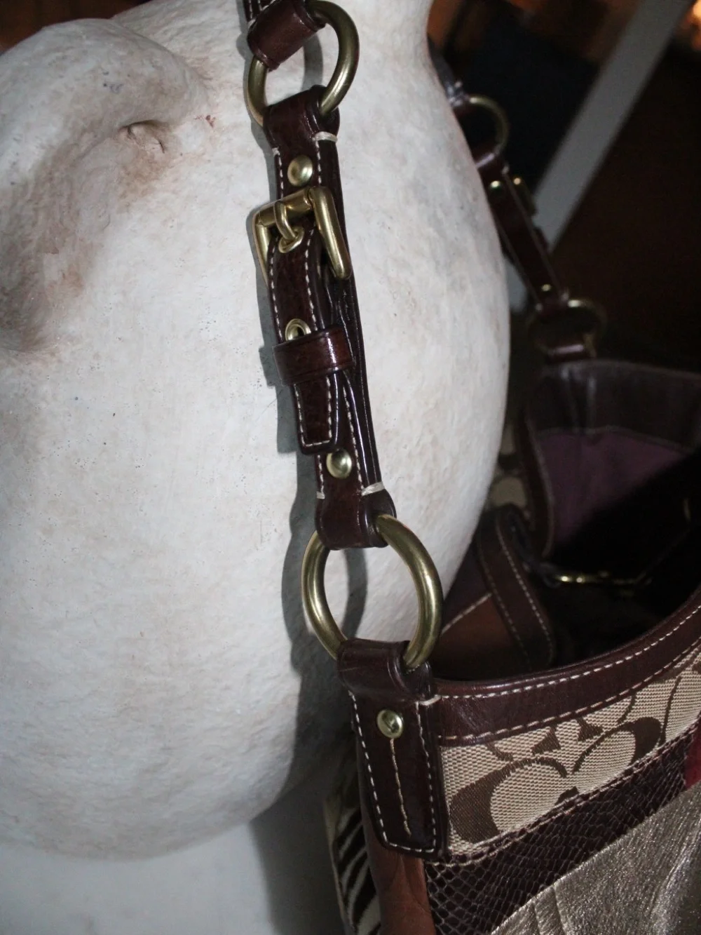 Coach Brown Patchwork Signature Canvas & Leather Shoulder Bag with Gold Hardware